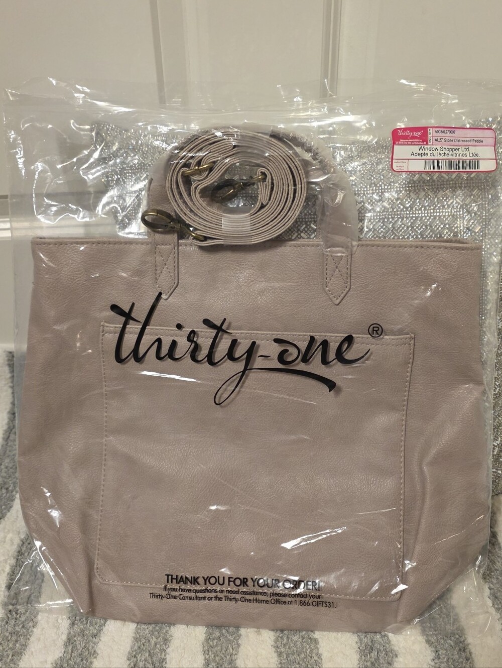 Thirty-One NWT Window Shopper Tote with Strap Stone Distressed Pebble MSRP$58